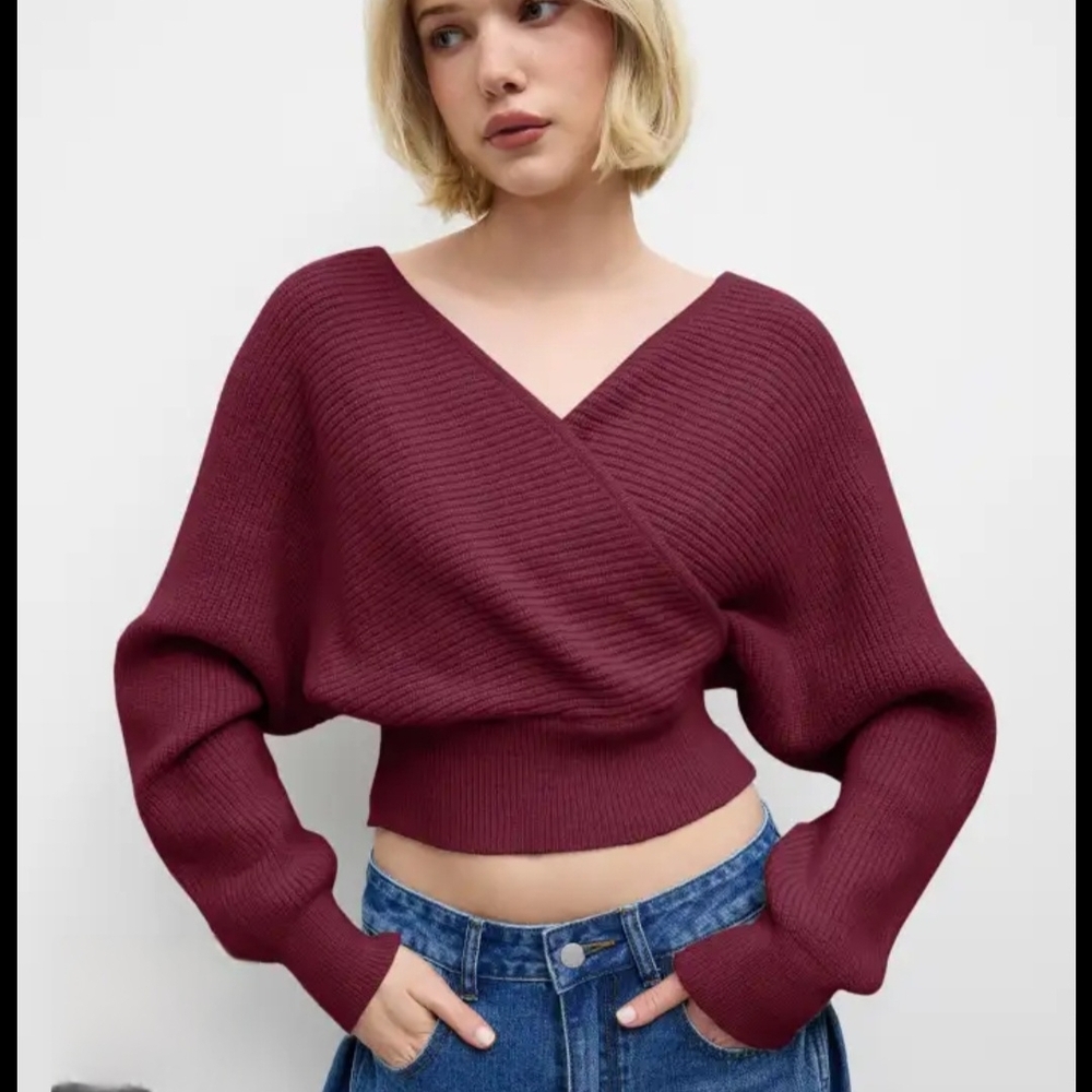 Cider Off-the-Shoulder Burgundy Ribbed Knit Wrap Cropped Sweater Balloon Sleeves